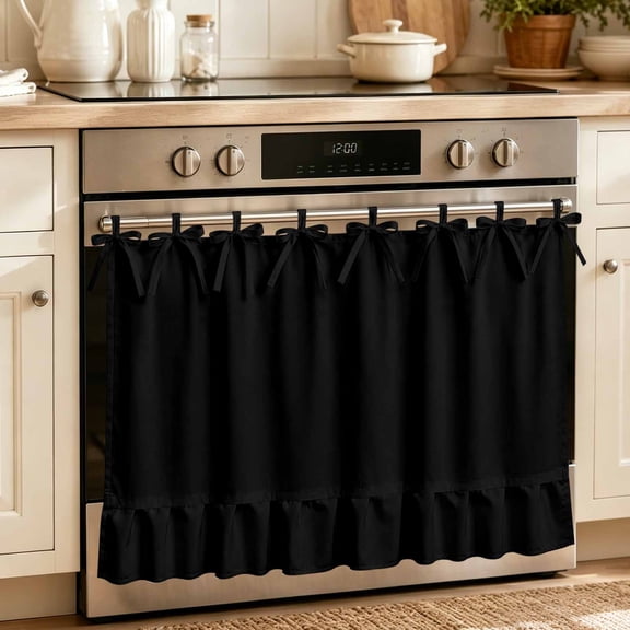 Black Oven Skirt Curtain 32"Wx24"L, Waterproof Ruffled Stove Cover Skirt with 8 Ribbon Ties, Pure Black Decorative Oven Door Curtains Drapes for Kitchen Cabinet Storage