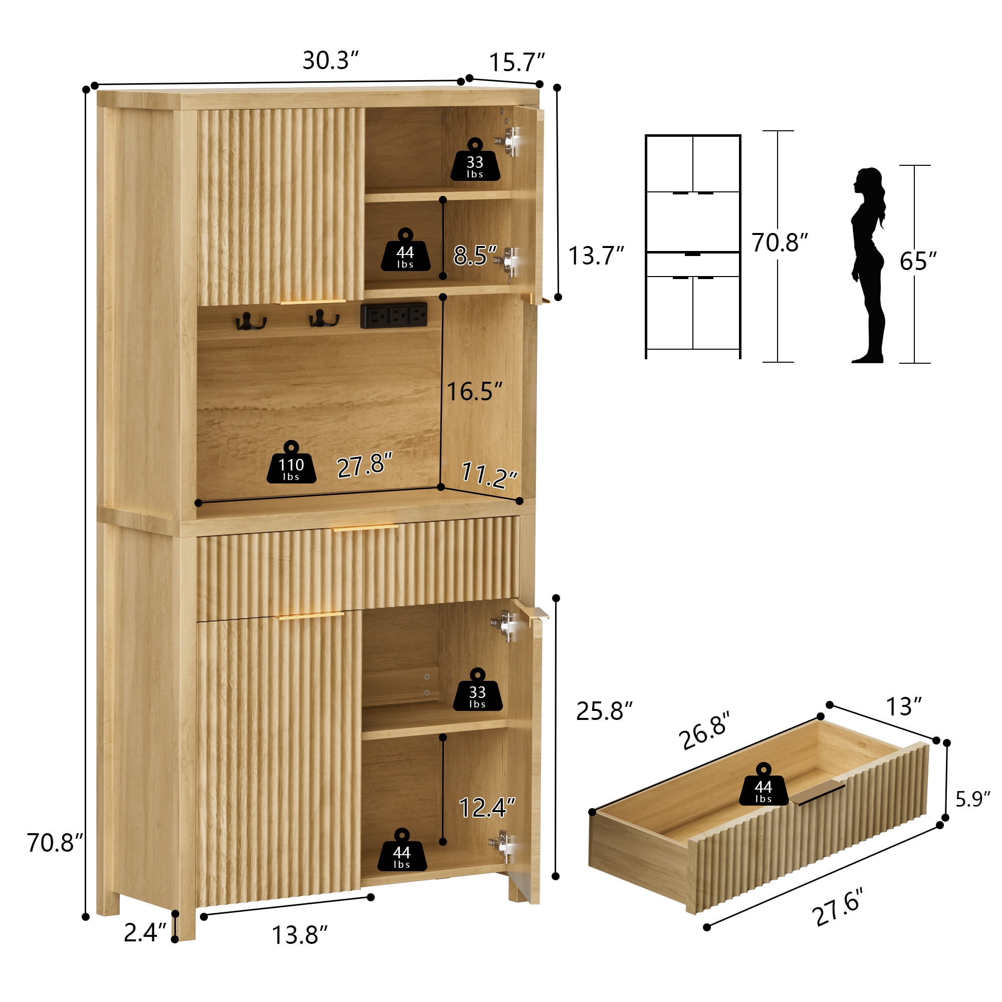 GIKPAL Pantry Cabinet with Charging Station, Fluted Kitchen Pantry Storage Cabinet with Shelves and Drawer, Boho Kitchen Hutch with Microwave Stand for Dining Living Room, Natural Oak