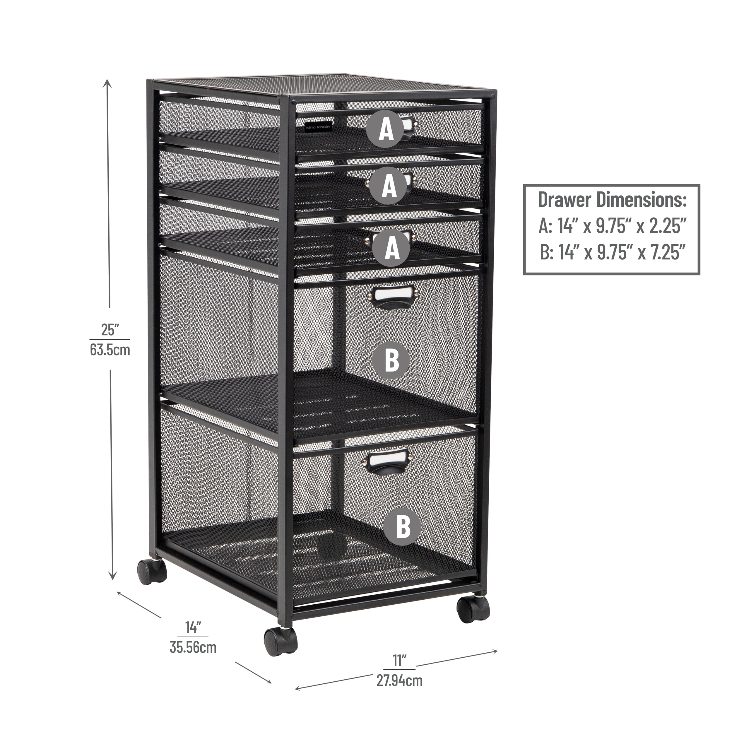 Mind Reader Vertical Office Storage Organizer with Mesh Drawers Label Holders and Optional Wheels, Metal Mesh, Black