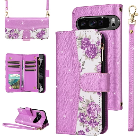 Furiet for Google Pixel 9 Pro XL/10 Pro XL Floral Wallet Case & Flip Zipper Purse Wrist/Shoulder Strap, PU Leather Card Holder Stand Phone Cover for Pixel9 9Pro Nine Pixel10 10Pro LX Women Purple