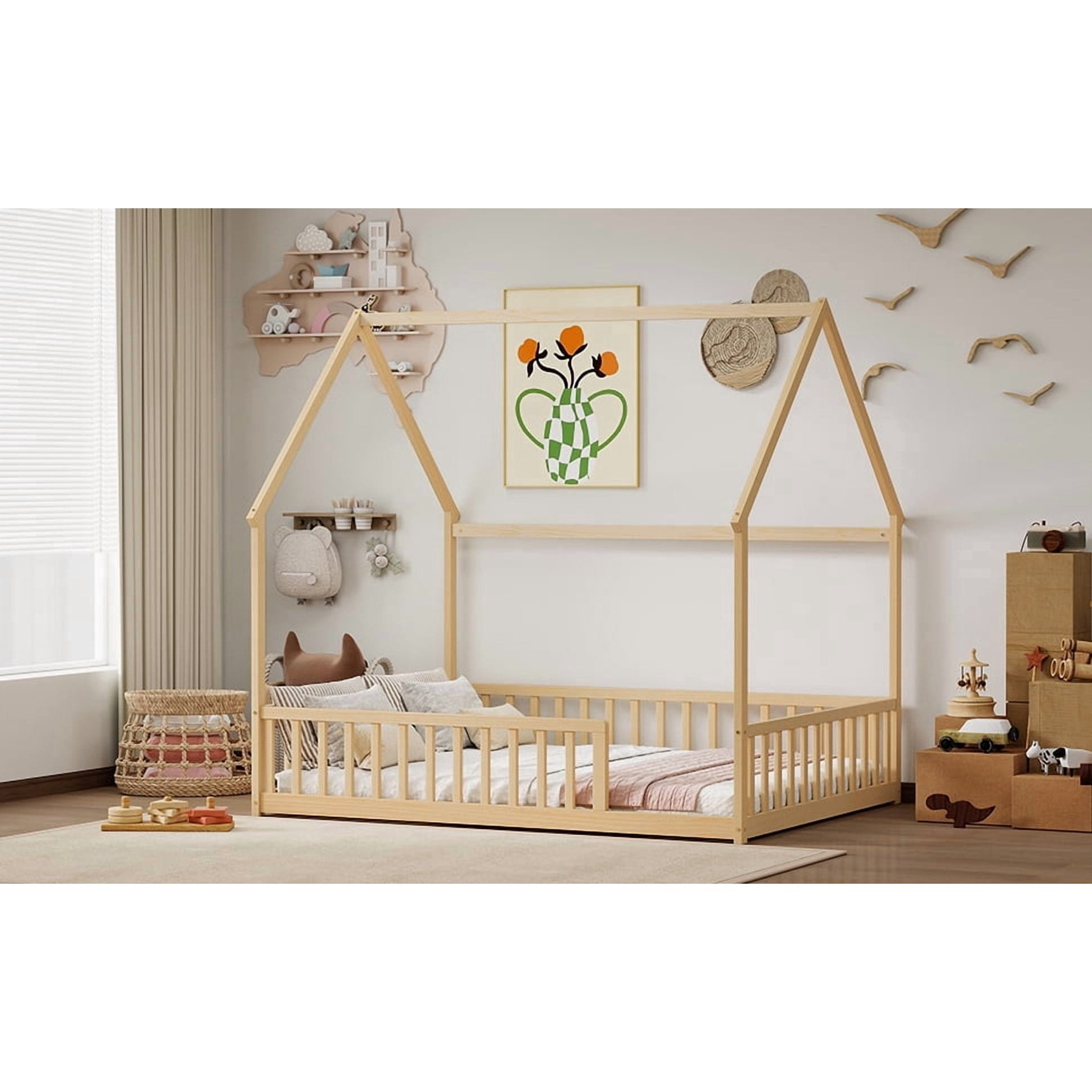 Full Size House Floor Bed with Full Surround Safety Fence, Solid Pine Wood Montessori Kids Playhouse Bed Frame Max 300 LBS No Box Spring Needed for Toddler Bedroom Nursery
