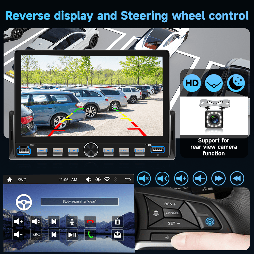 Podofo 7’’ Single Din Car Stereo with wireless CarPlay/Android Auto,Mirror Link, Rear View Camera USB&Type-C FM SWC BT EQ MIC