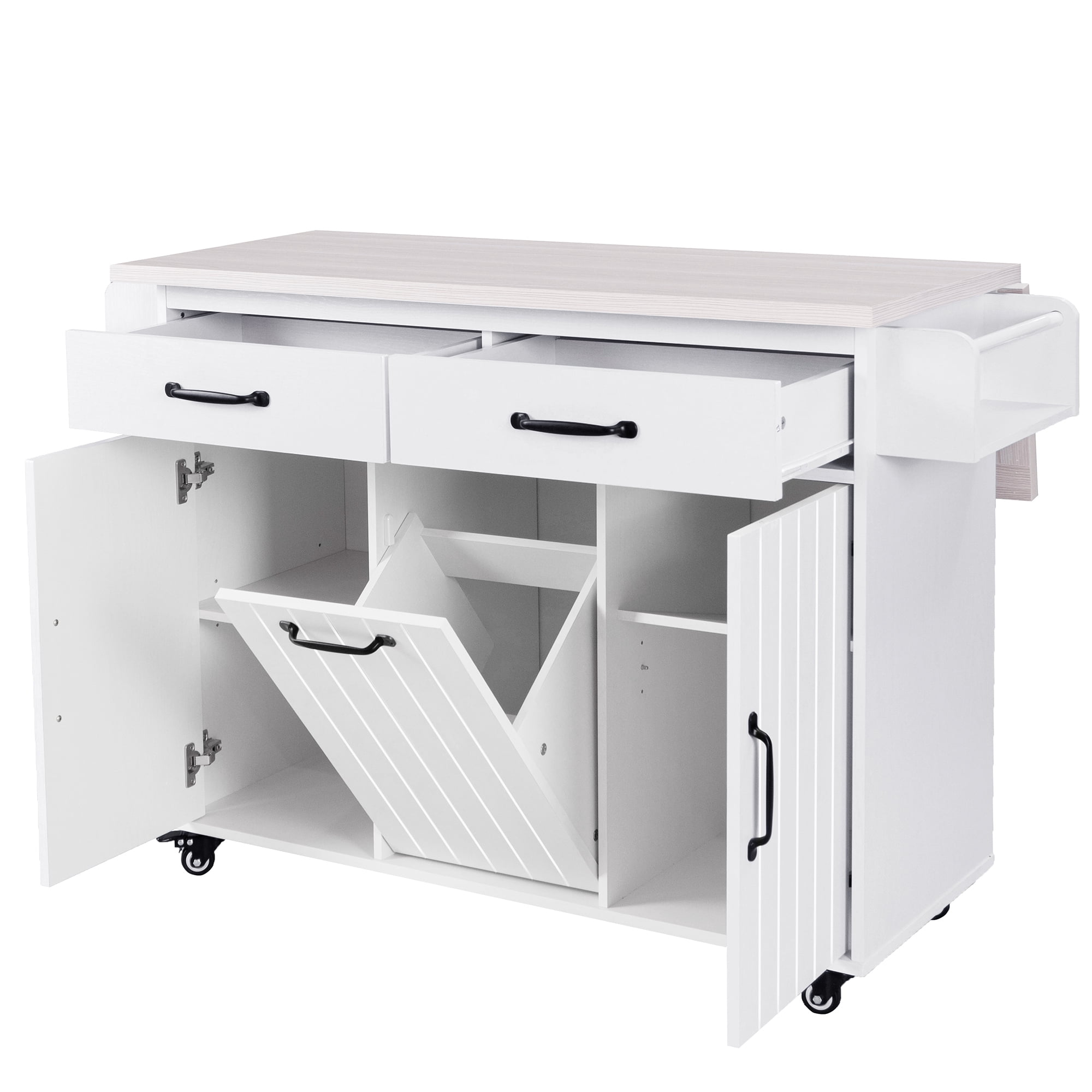 EUROCO 500LBS Rolling Kitchen Island with 15 Gallon Storage Trash Can,Kitchen Cart Island with Drop Leaf,Tilt Out Kitchen Trash Cabinet with Spice Rack, Adjustable Shelf and Drawers,White