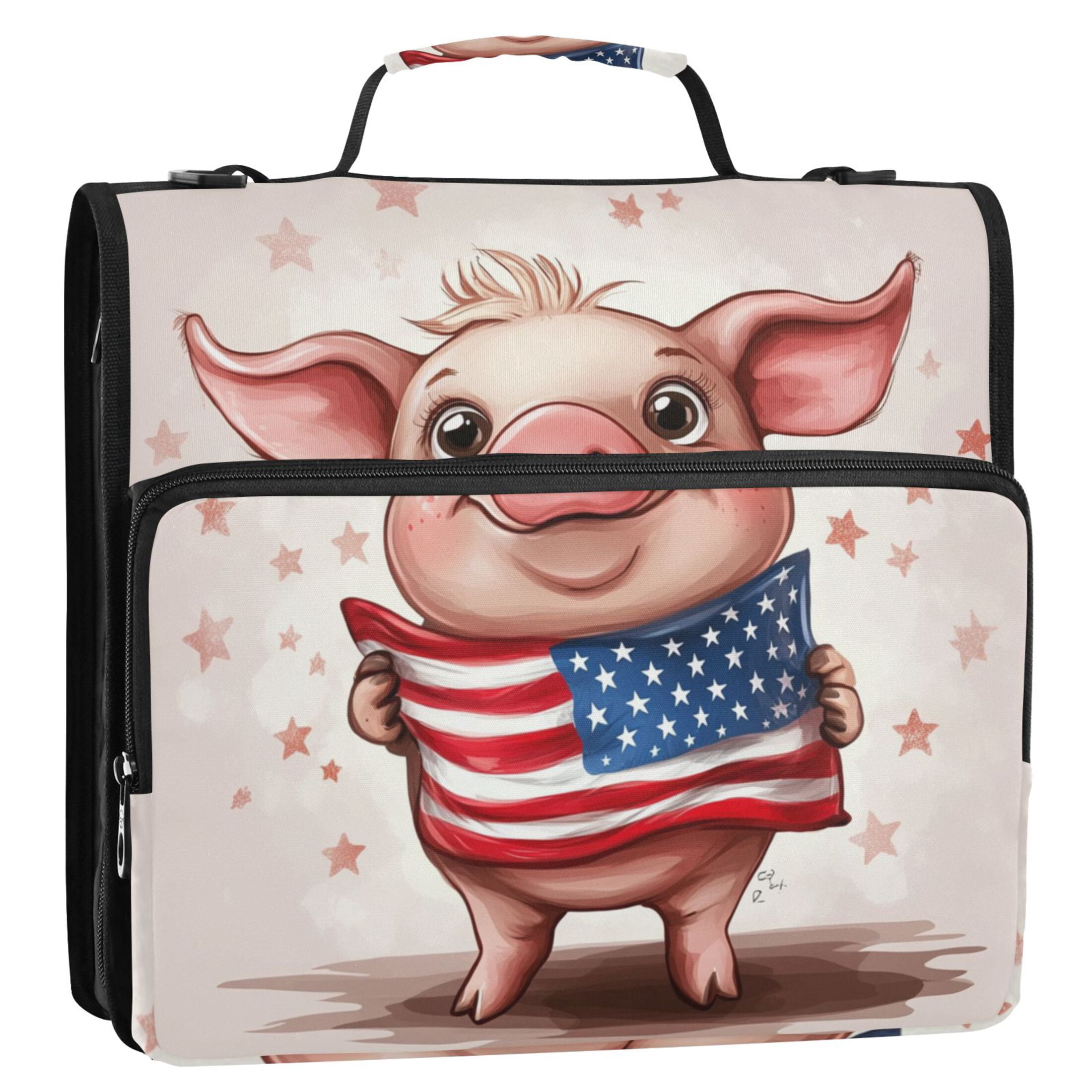 3 Ring Zipper Binder with Shoulder Strap Waterproof Trapper Keeper 2 Inch D-Ring 500 Sheets Capacity Cartoon Pig with Usa Flag