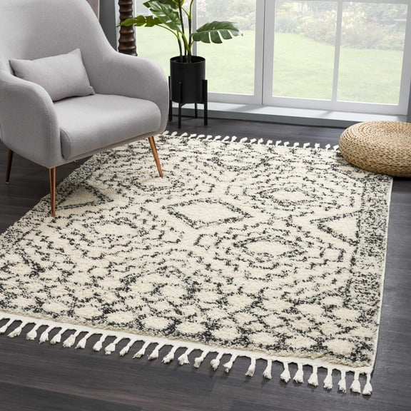 Hauteloom Berber Shag Collection - Buan Farmhouse Living Room Large Area Rug with Tassel - Fluffy Plush High Pile Carpet - Southwestern Bohemian Tribal Style - Beige, Cream, Black - 9'2" x 12'
