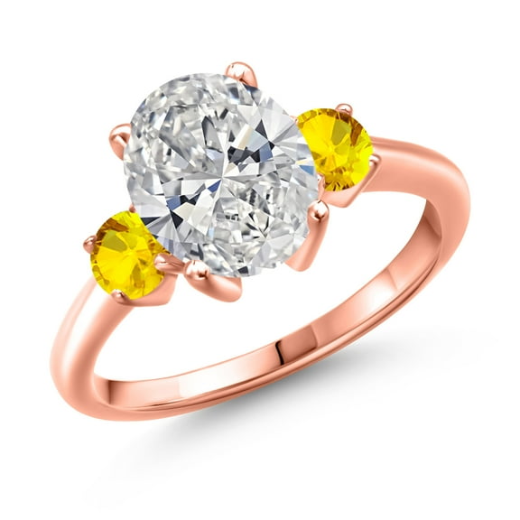 2.72 cttw IGI Certified Lab Grown Diamond and Yellow Sapphire 3-Stone Engagement Ring for Women | 18K Rose Gold Plated Silver | Center 2.00 Ct Diamond | E-F Color | VS1-VS2 Clarity | Size 9