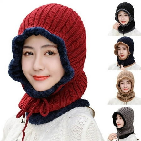 Cheers.US Women Winter 3 in 1 Thermal Fur Lined Hat Elastic Plush Thicken Knitted Cycling Hat with Ear Flap Face Warmer Windproof Baseball Ski Cap for Outdoor