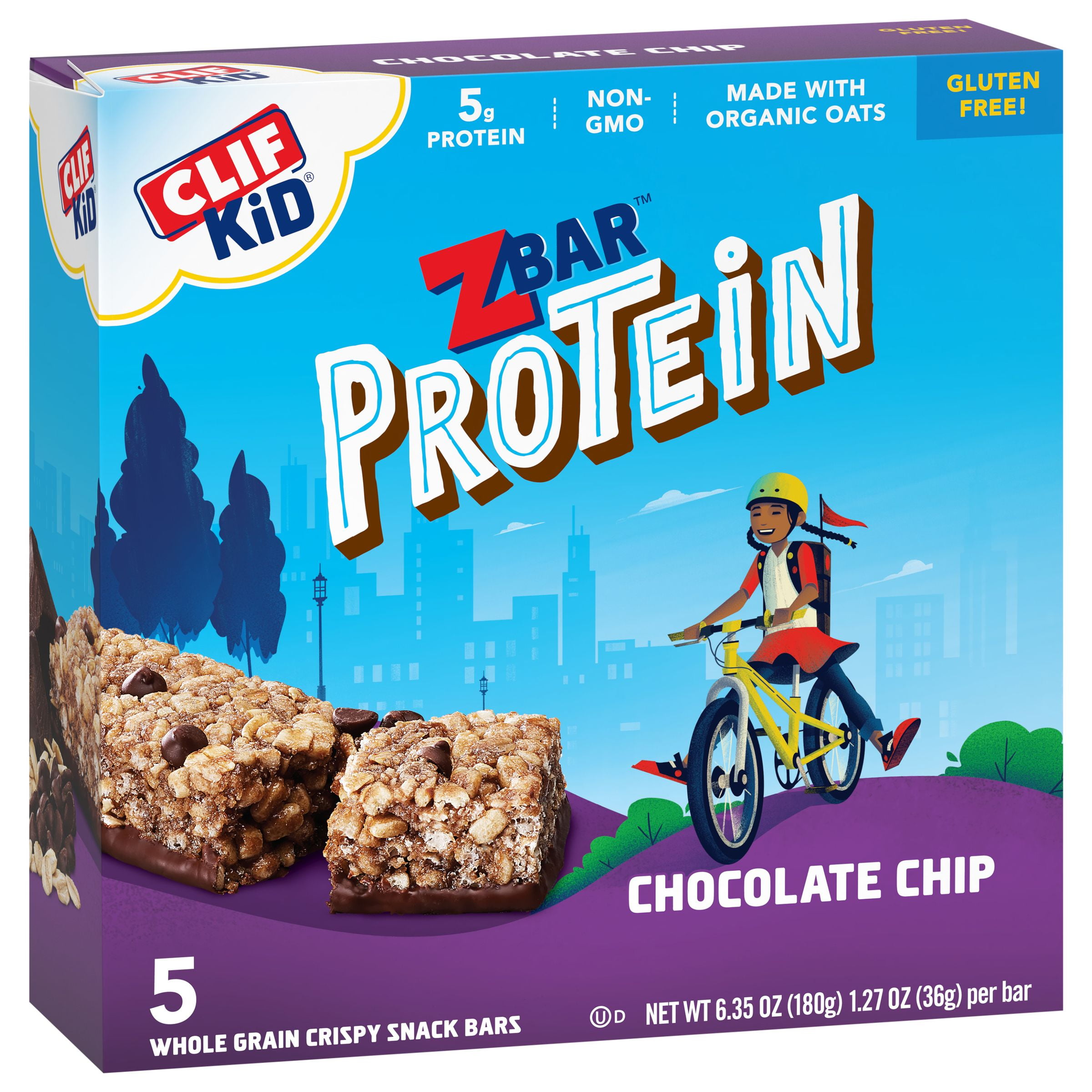 CLIF Kid Zbar Protein - Chocolate Chip - Crispy Whole Grain Snack Bars - Made with Organic Oats - Non-GMO - 5g Protein - 1.27 oz. (Pack of 2)