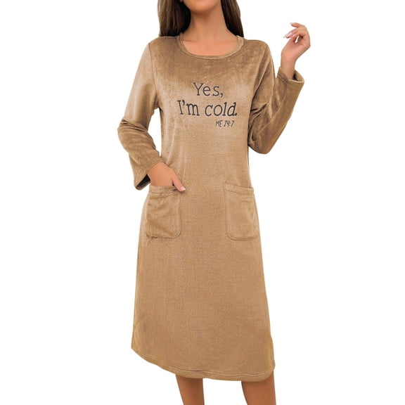 VNKIDY Womens Plush Nightgown Dress Solid Color Letter Print Long Sleeve Crewneck Sleep Shirt With Pockets For Warm Loungewear Khaki L