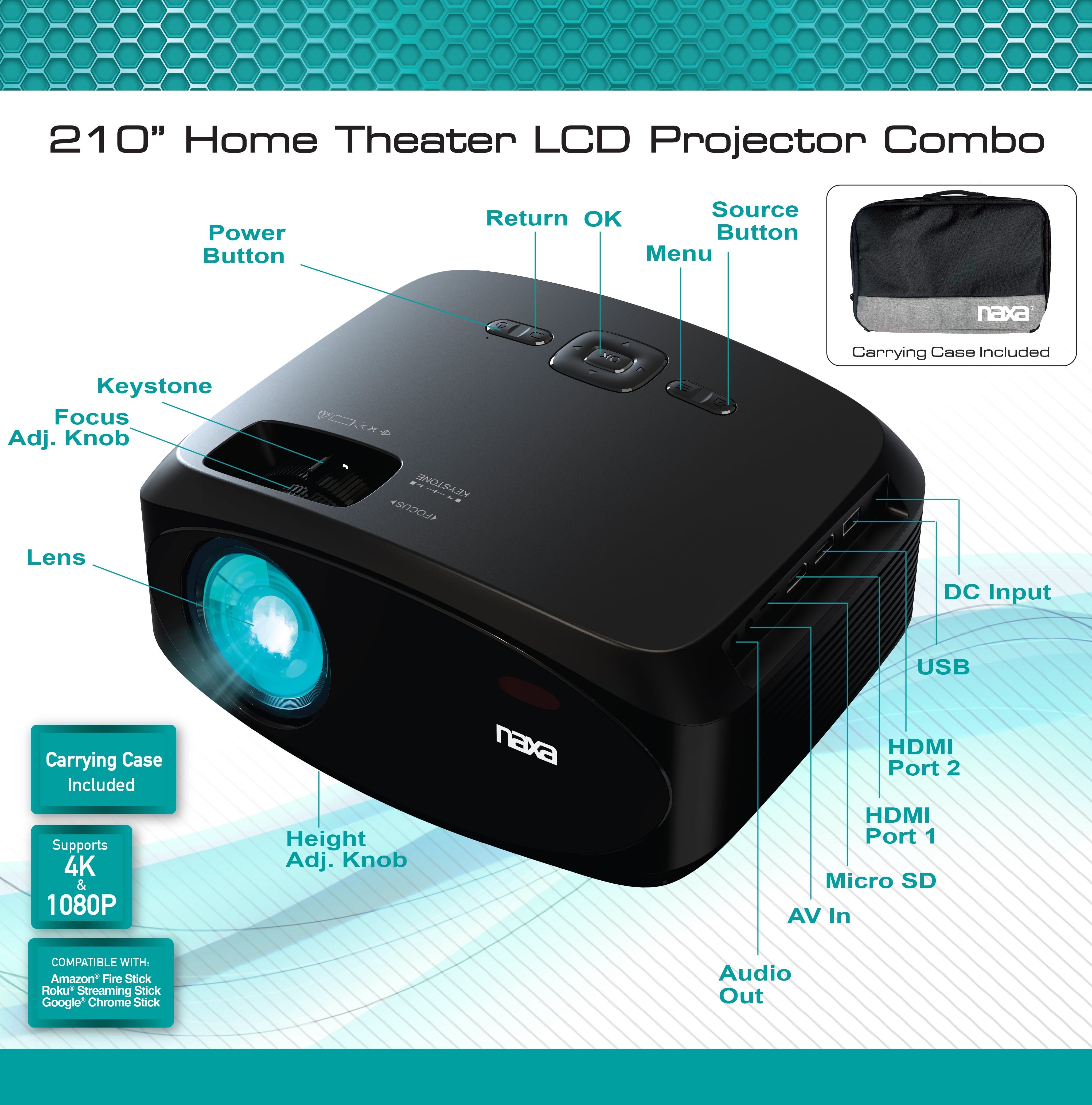 Naxa Electronics NVP-3003C 210-inch Home Theater LCD Projector Combo with Remote and Case, HDMI x 2, USB 2.0, MicroSD Support, AV in, 3.5mm Headphone, Black (NVP-3003C)