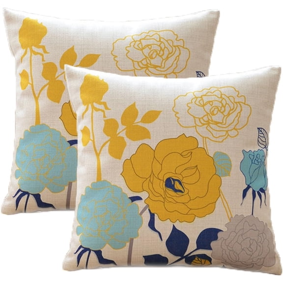 Blue and Yellow Pillow Covers Farmhouse Cotton Linen Outdoor Throw Pillow Covers 18x18 inch Decorative for Couch Sofa Patio Porch Flowers Pattern Pack of 2