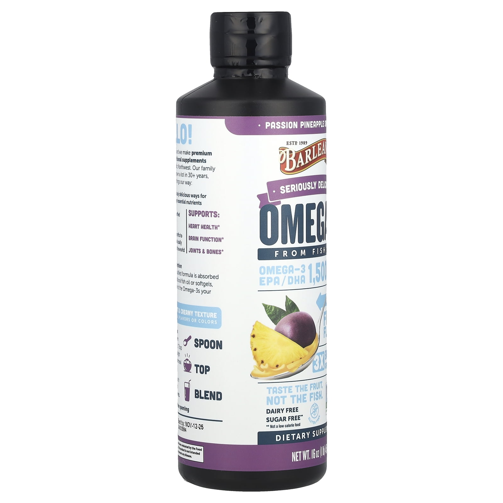 Barlean's Seriously Delicious®, Omega-3 From Fish Oil, Passion Pineapple Smoothie, 16 oz (454 g)