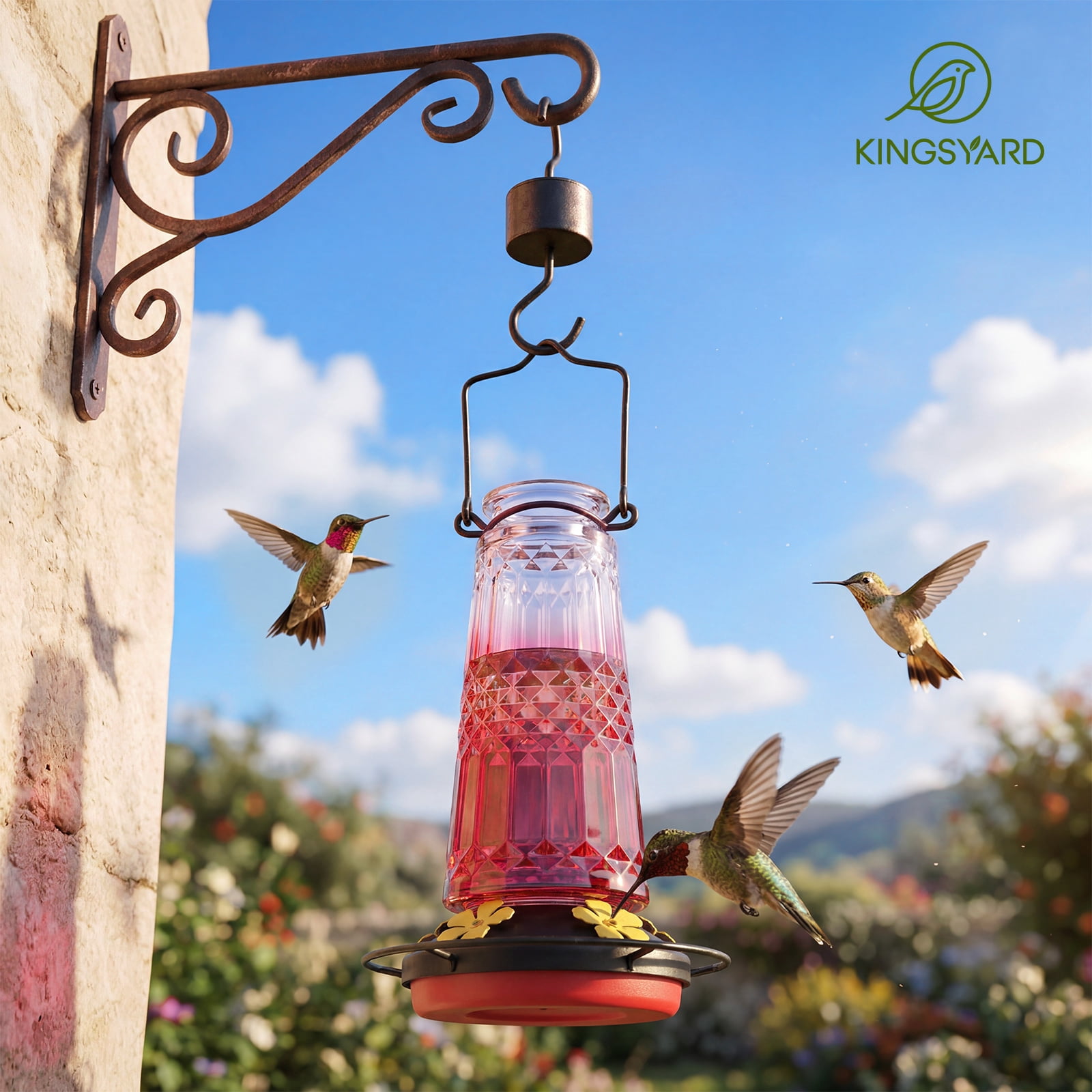 (2 pack) Kingsyard 18.6 oz Red Ombre Glass Hummingbird Feeder, 5 Yellow Ports, Ant Moat Included