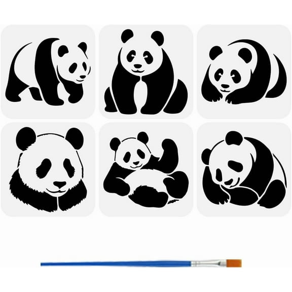 6PCS Panda Stencils with 1Pc Plastic Paint Brush 5.9x5.9inch 6 Styles Panda Bear Stencils Animal Theme Plastic Template