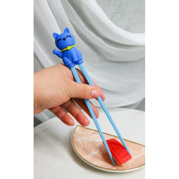 Ebros Blue Maneki Neko Cat Reusable Training Chopsticks Set With Silicone Helper