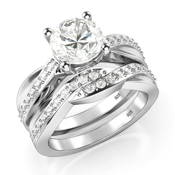 Sz 7 Sterling Silver 925 Round Brilliant Cut Cubic Zirconia CZ Engagement Ring Set