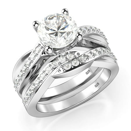 Brilliant Cut Square Ring Sz 7 Sterling Silver 925 Round Brilliant Cut Cubic Zirconia CZ Engagement Ring Set ()