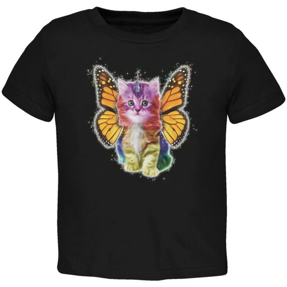 Rainbow Butterfly Unicorn Kitten Black Toddler T-Shirt - 3T