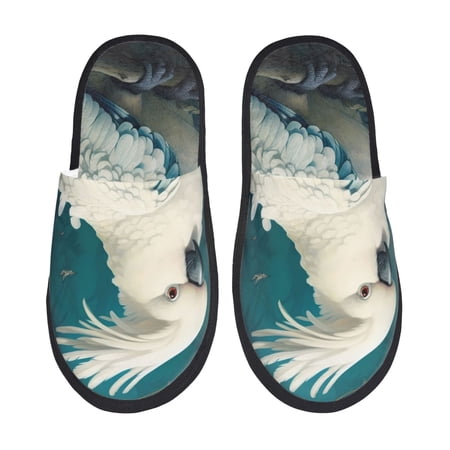 Balery Tropical Parrot Floral Artwork Slient Indoor Furry Fleece Comfort House Shoes Soft Non-Slip Home Shoes Cotton slippers House Slippers-- Large