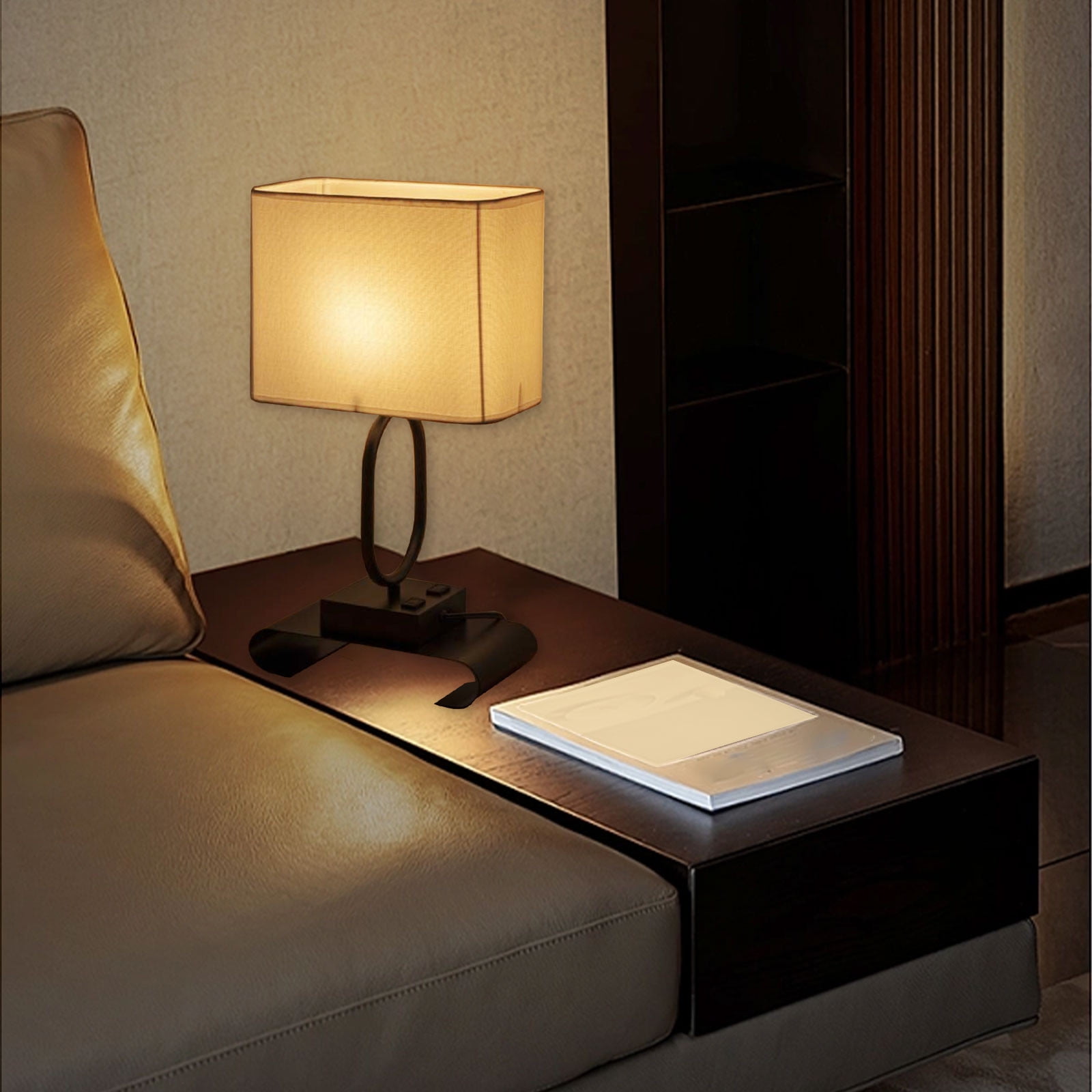Bedside Table Lamp with 2 USB Charging Ports and 2 AC Outlets, Fabric Linen Shade Desk Lamp for Bedroom, Living Room, Office, Adjustable Brightness, Reading, Work, Eye-Caring Light