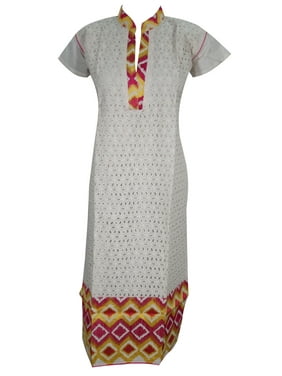 Mogul Woman's Ethnic Indian Cotton White Tunic Long Kurti Kurta Dress