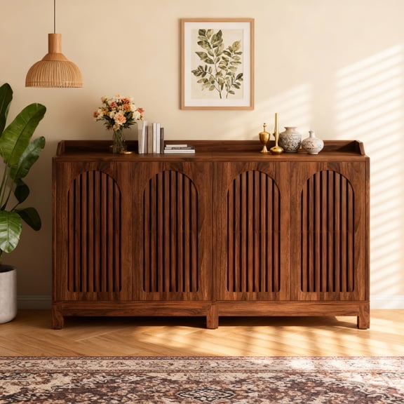 KIOOTTO 57" Farmhouse Sideboard Buffet Cabinet, Brown Shutter Door Storage Cabinet with Adjustable Shelves, Console Table for Dining Room & Kitchen