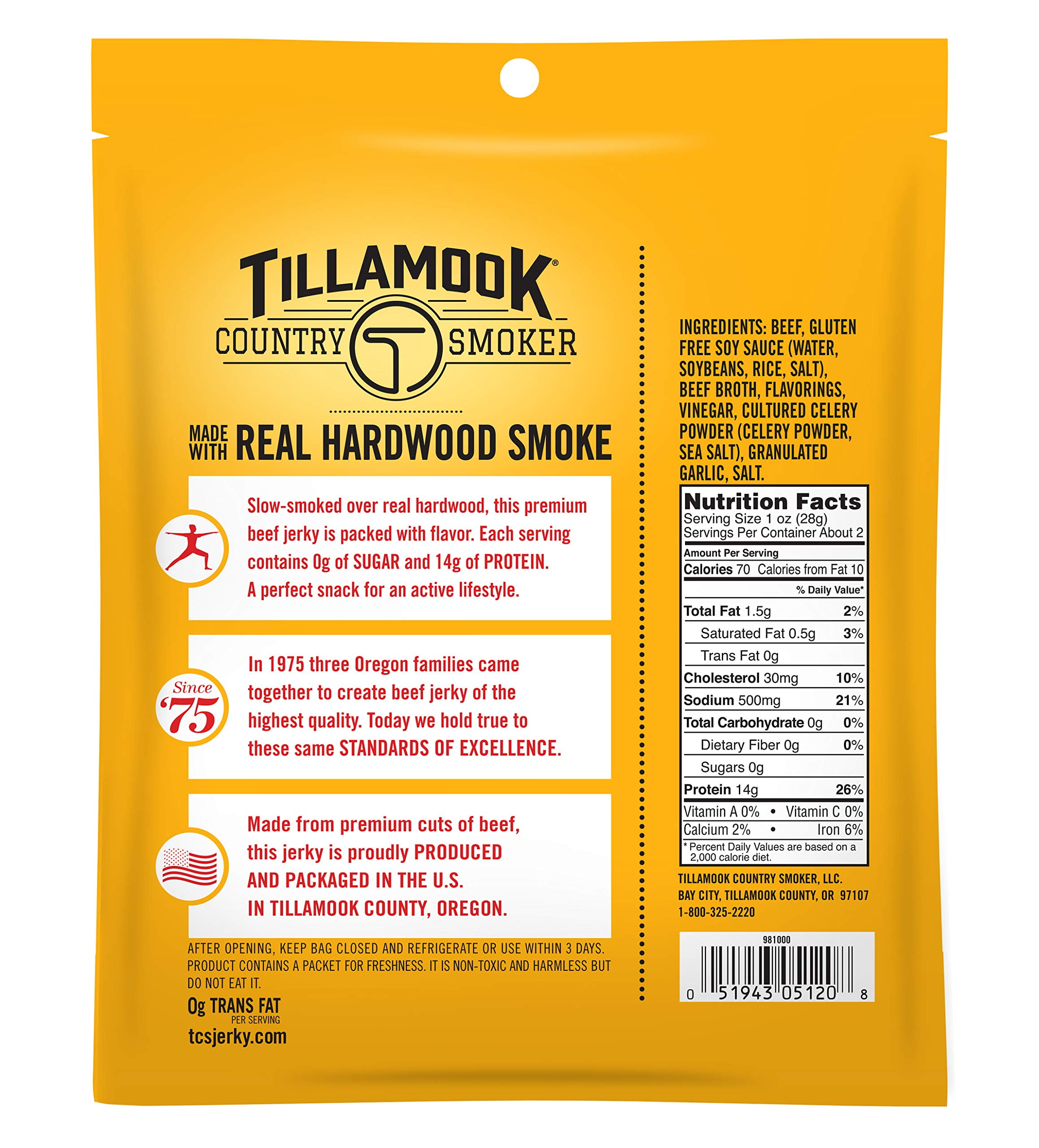 Tillamook Country Smoker Zero Sugar Original Beef Jerky (Pack of 4)