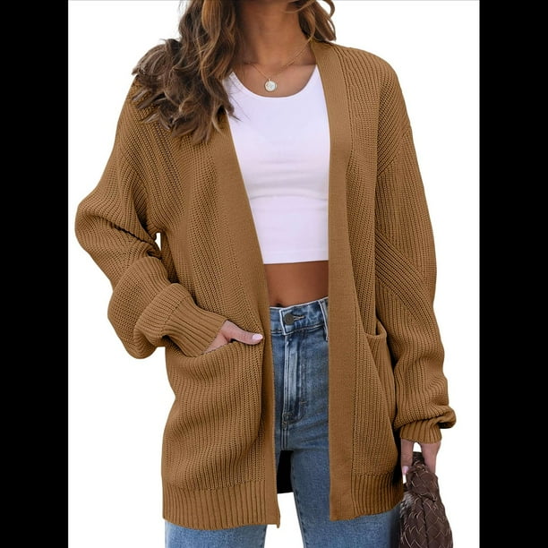 Cárdigan Extragrande de Punto Suave para Mujer con Bolsillos Camello L