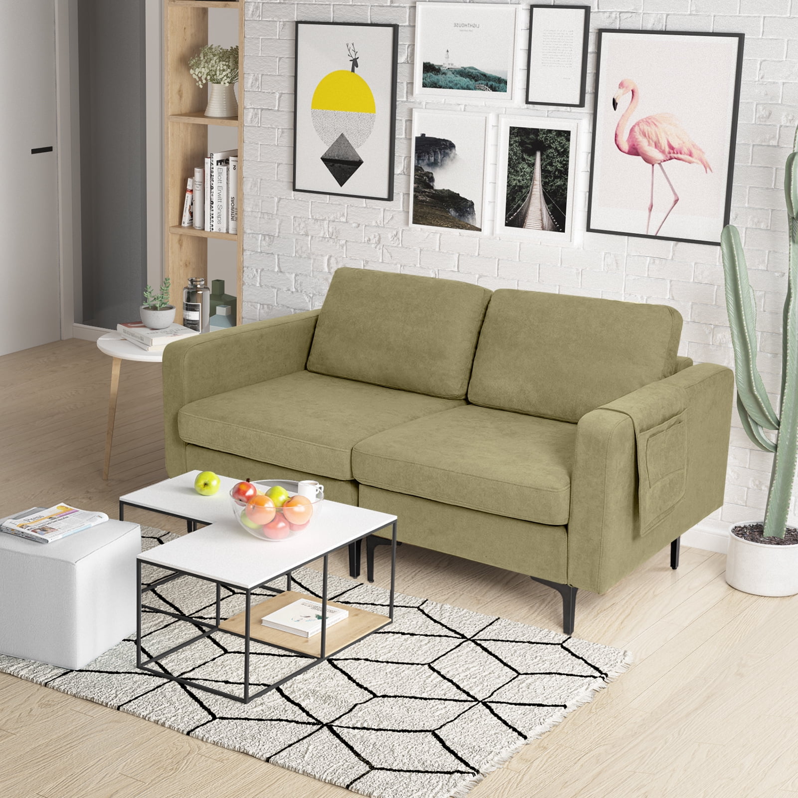 Costway Modern Loveseat Linen Fabric 2-Seat Sofa Couch w/ Side Storage Pocket Green