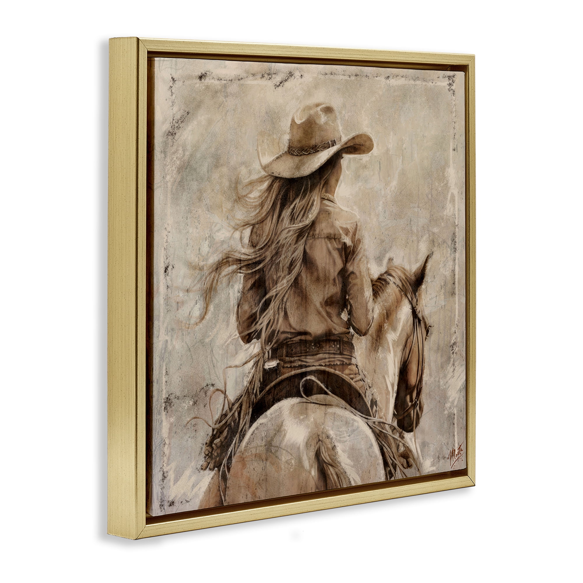 Stupell Industries Windblown Cowgirl on Horseback Gold Framed Floater Canvas Wall Art, design by Marta Wiley