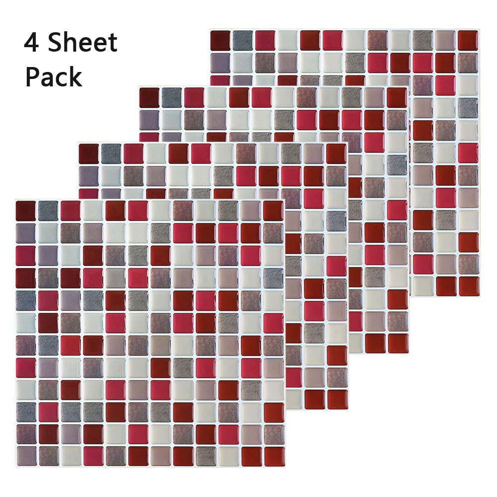 3d Mosaic Tile Sticker Removable Wallpaper Red  Self Adhesive Wall Tiles Bathroom For Kitchen Backsplash Pvc Square Decorative Vinyl Decals 4 Sheets