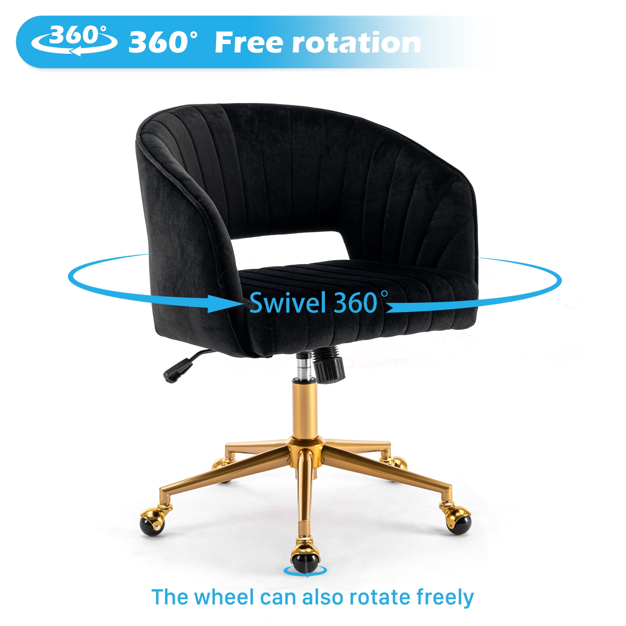KCC Velvet Office Chair for Women, Swivel Vanity Desk Chair with Gold Base and Wheels, Adjustable Upholstered Chair for Bedroom, Makeup Room and Home Office(Black)