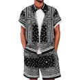 thumbnail image 3 of OOOUM Men All Over Print Outfits Lapel Short Sleeve Button Shirt Drawstring Elastic Waist Shorts Summer Beach Vacation Casual Outfit Black S, 3 of 3