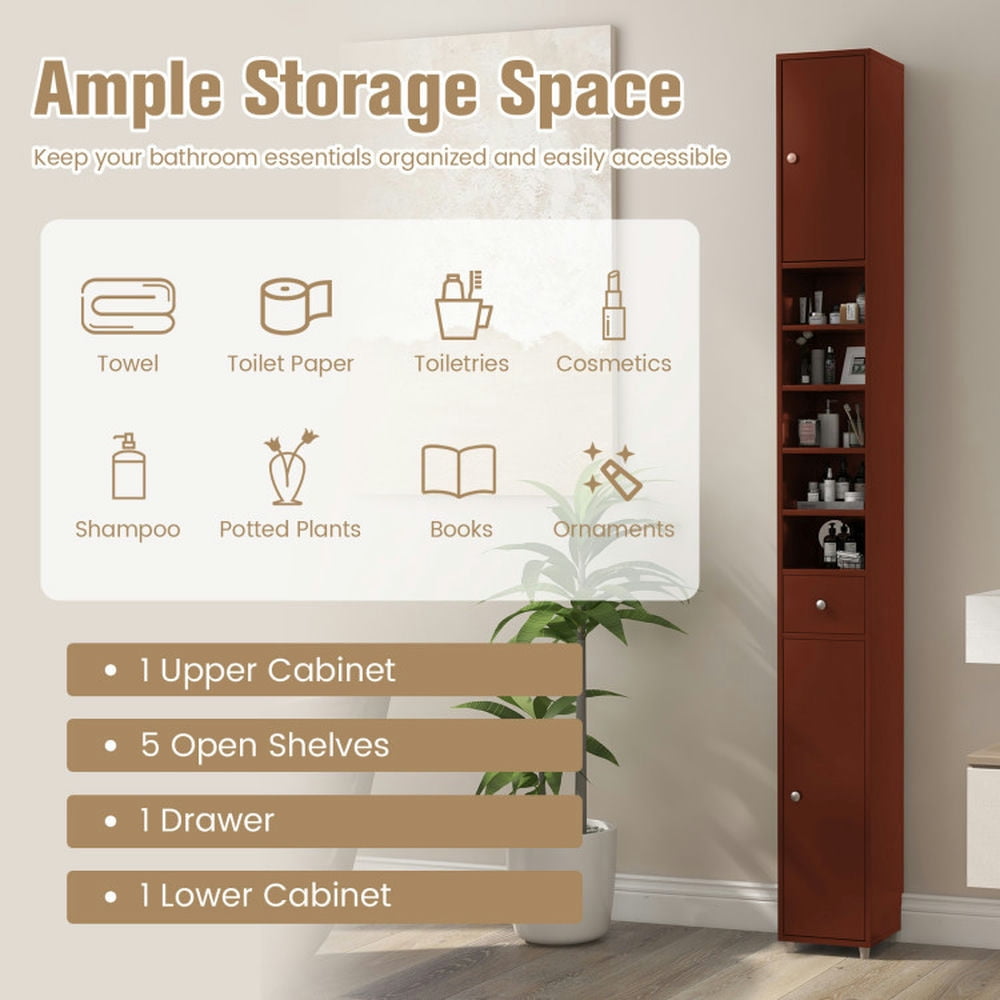 Finihen Bathroom Storage Cabinet, Bathroom Floor Cabinet, Freestanding Slim Bathroom Cabinet with Drawer and Adjustable Shelves, for Bathroom, Living Room, Bedroom, Kitchen, Brown Finihen Bathroom Storage Cabinet, Bathroom Floor Cabinet, Freestanding Slim Bathroom Cabinet with Drawer and Adjustable Shelves, for Bathroom, Living Room, Bedroom, Kitchen, Brown