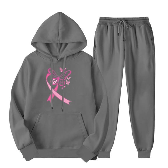 aohooy Womens Sweat Suits 2 Piece with Hoodie,Sweatsuits for Women Set 2 Piece Jogging Outfit Pink Ribbon Breast Cancer Print Hoodie Sweatshirt Sweatpants Tracksuit 2024 Gray,M