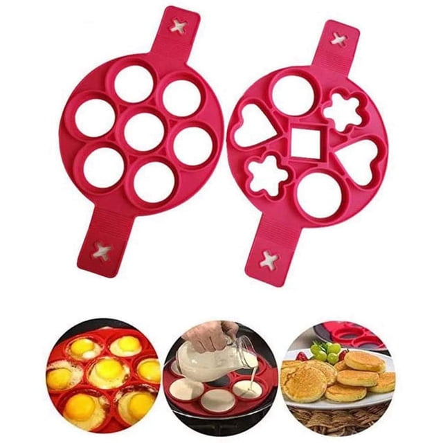 fabricante de moldes para panqueques, mini fabricante de panqueques molde redondo de silicona antiadherente rojo 37.2 x 23.4 cm, 2 piezas; vista superior de dos moldes con asas: uno con siete cavidades circulares y otro con cavidades en forma de corazón, cuadrado, flor y círculos, silicona flexible de grado alimentario, imágenes pequeñas muestran verter masa y panqueques dorados; a menudo usado para huevos escalfados y muffins en desayunos.