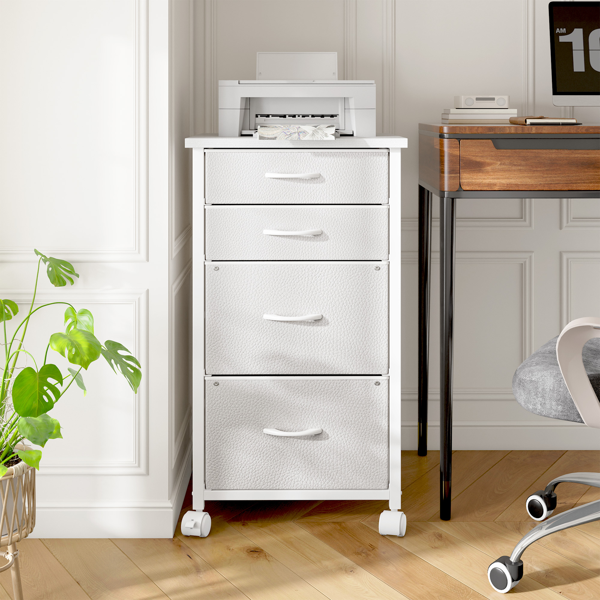 Romorgniz 4 Fabric Drawers Mobile File Cabinet Desk Table Cabinet Fits A4/Letter Size Printer Stand for Home Office，White