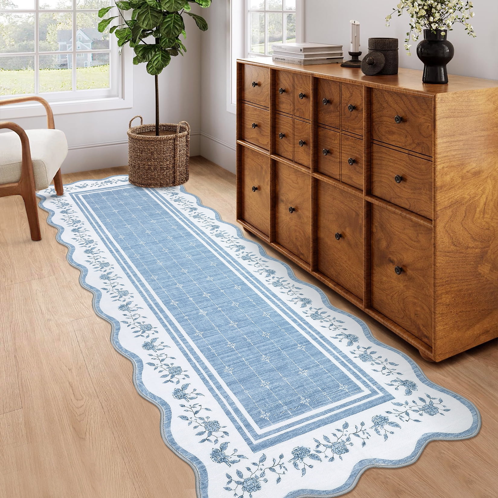 2x6 Runner Rug Scalloped Kitchen Runner Rug Non Slip Washable Entryway Runners Modern Bordered Foldable Thin Accent Carpet Low Pile Soft Nursery Rugs