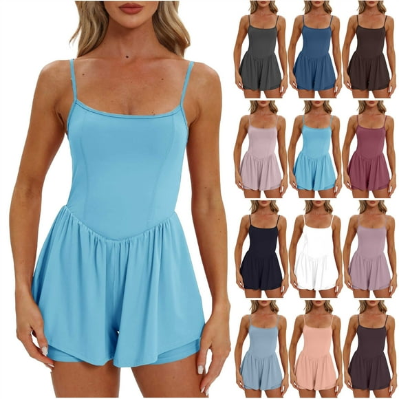 QATAINLAV Today's Lightning Sales, Womens Athletic Romper Spaghetti Strap Double Lined Workout Shorts Jumpsuit Summer Casual One Piece Tennis Outfits Pink M