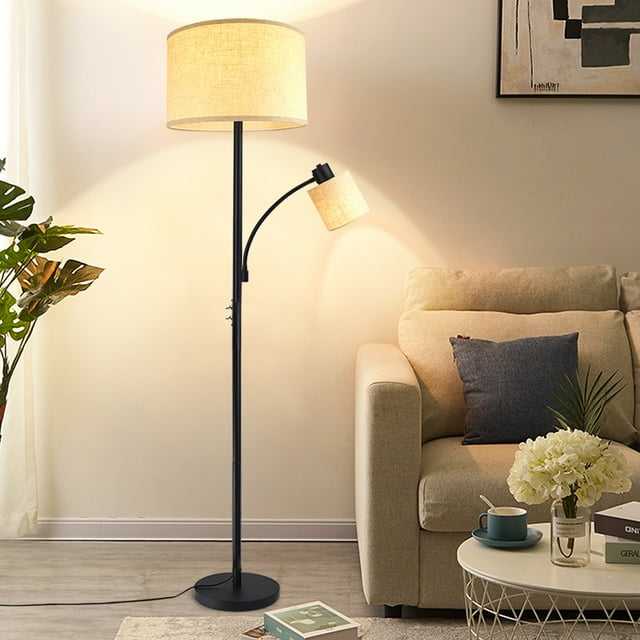 DingLiLighting Nordic Vertical LED Adjustable LED Floor Lamp Black Lighting Fixture Drum Shade E26 for Study Room (2 Bulbs Included)
