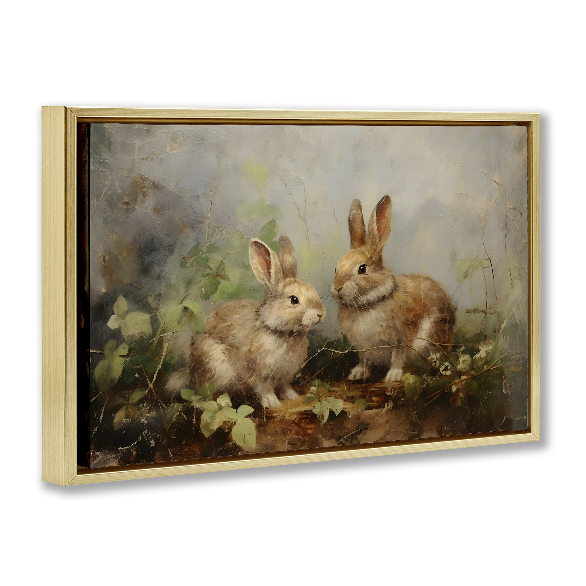 Stupell Industries Wild Rabbits in Nature Animals & Insects Painting Gold Floater Framed Canvas Art Print Wall Art, 31 x 21