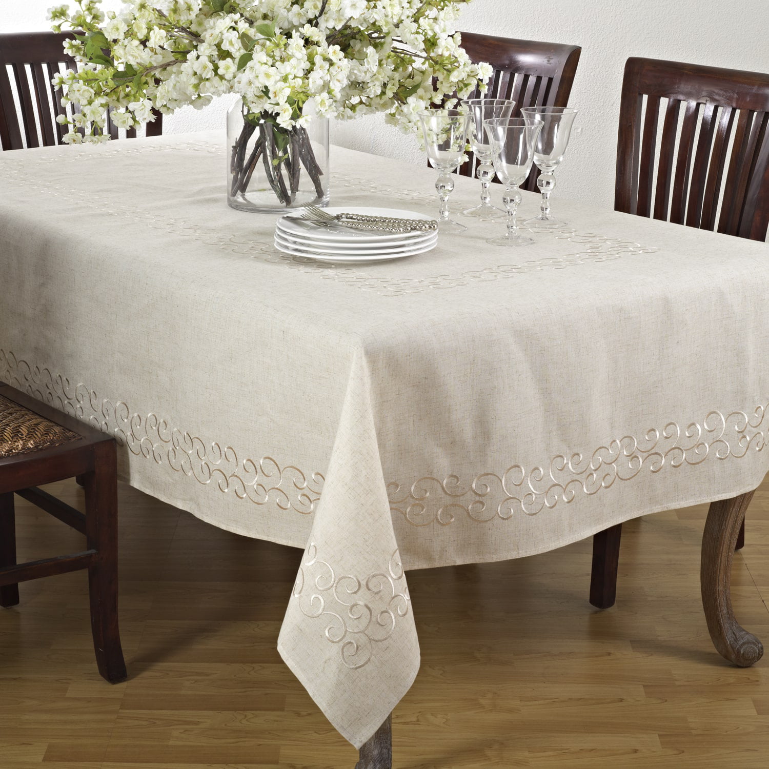 36x36" Square Embroidered Tablecloth Polyester Embroidery Table Cover Beige