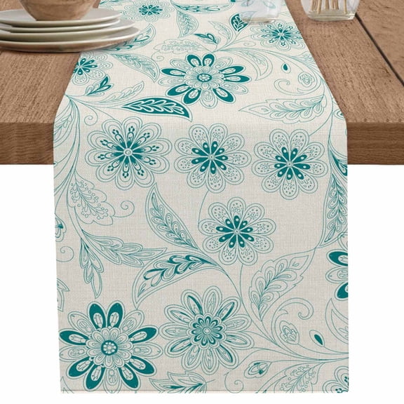 nqOlkjepod Teal Boho Table Runner 70 Inches Long Farmhouse Dress Scarves, Vintage Pattern Ethnic Flower Tribal Leaf Dining Tablerunner for Coffee Table/Kitchen Island/Party Décor, 13" x 70"