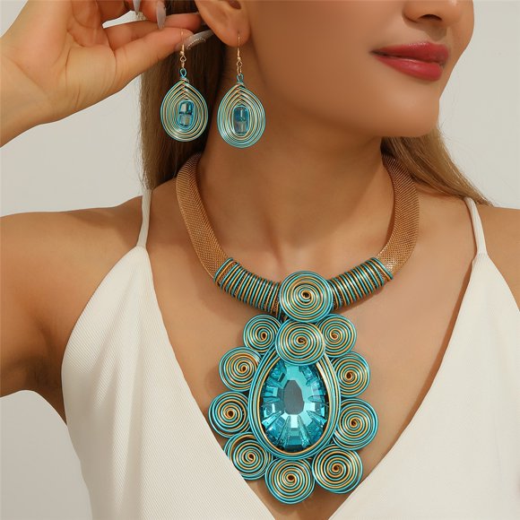 Conjunto de joyería africana Declaración gran cristal colgante collar pendientes conjunto