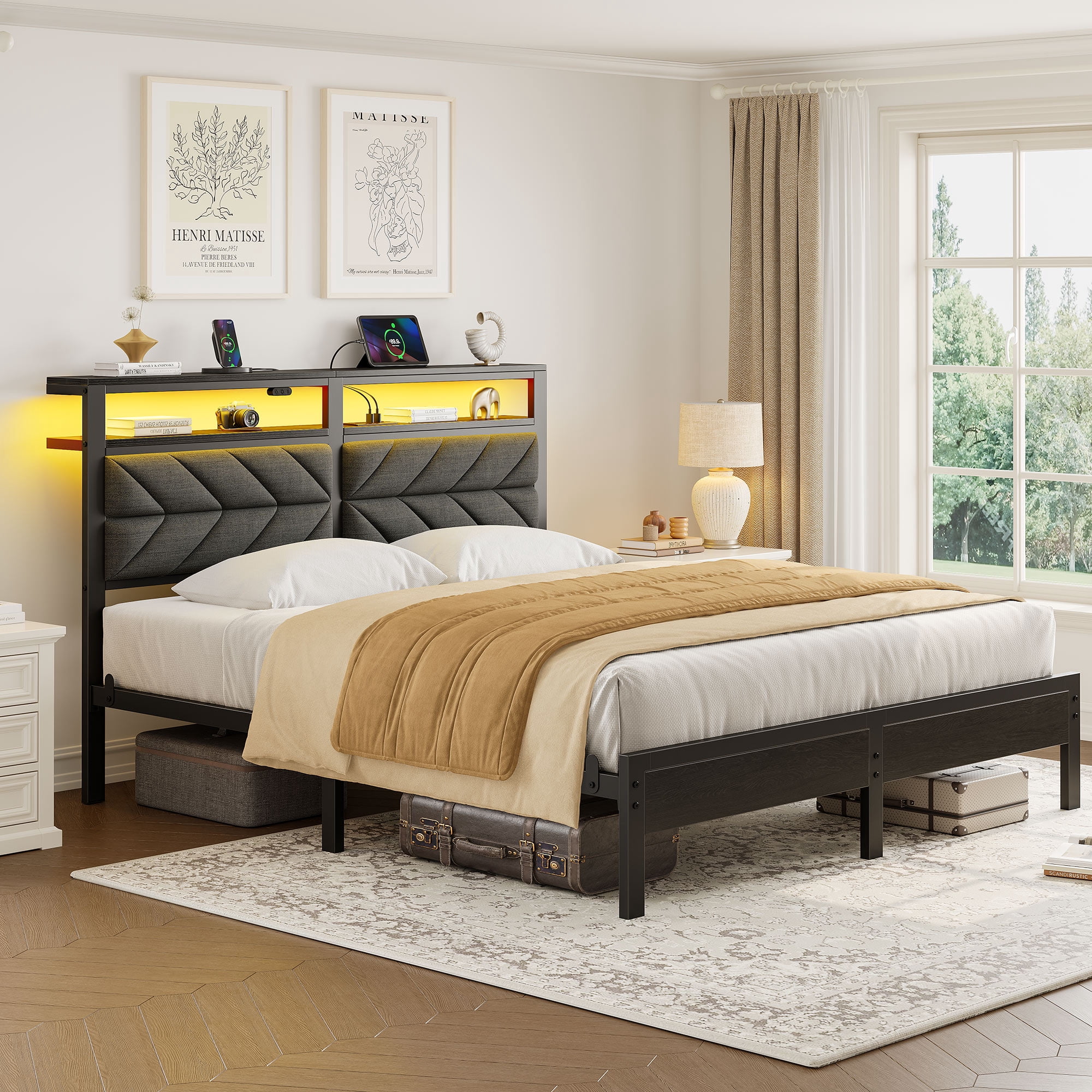 Greenstell Full LED Bed Frame with Headboard Storage - Charging Station, Dark Gray