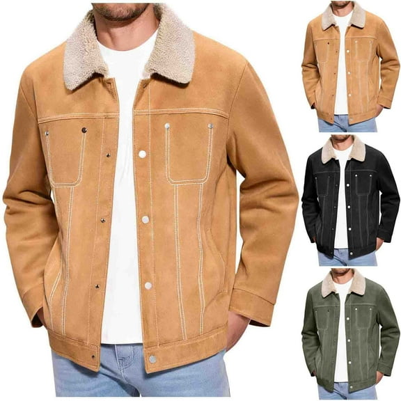 Zedker Men's Coats Vintage Fleece Sherpa Lined Corduroy Denim Trucker Jackets Lapel Button Down Thickened Winter Coats Green L