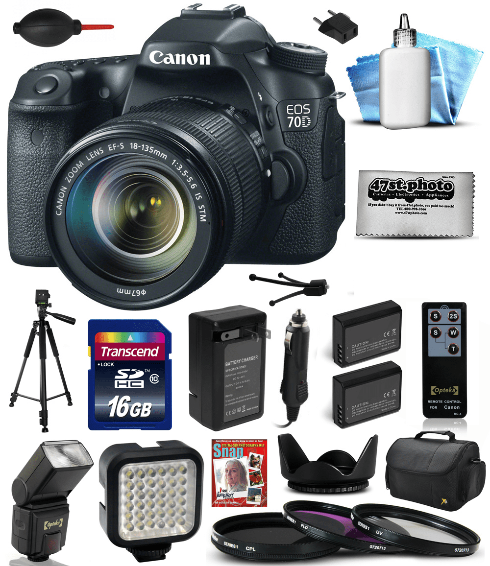 Canon EOS 70D Digital SLR Camera with 18-135mm STM Lens includes 16GB  Memory + Case + Tripod + Flash + Video Light + Two Batteries + Charger + 