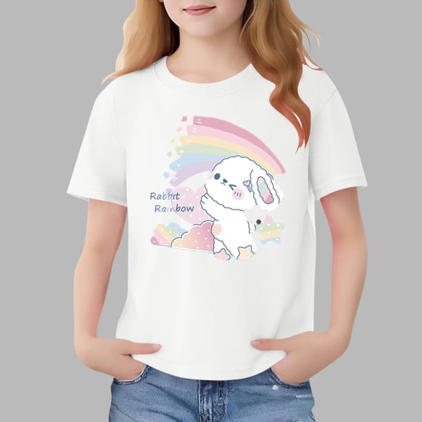 Blusas y camisas de manga corta con cuello redondo para niños Camiseta de verano de manga corta estampada para niñas Jersey elegante de cuello redondo para niñas Top de algodón para niños