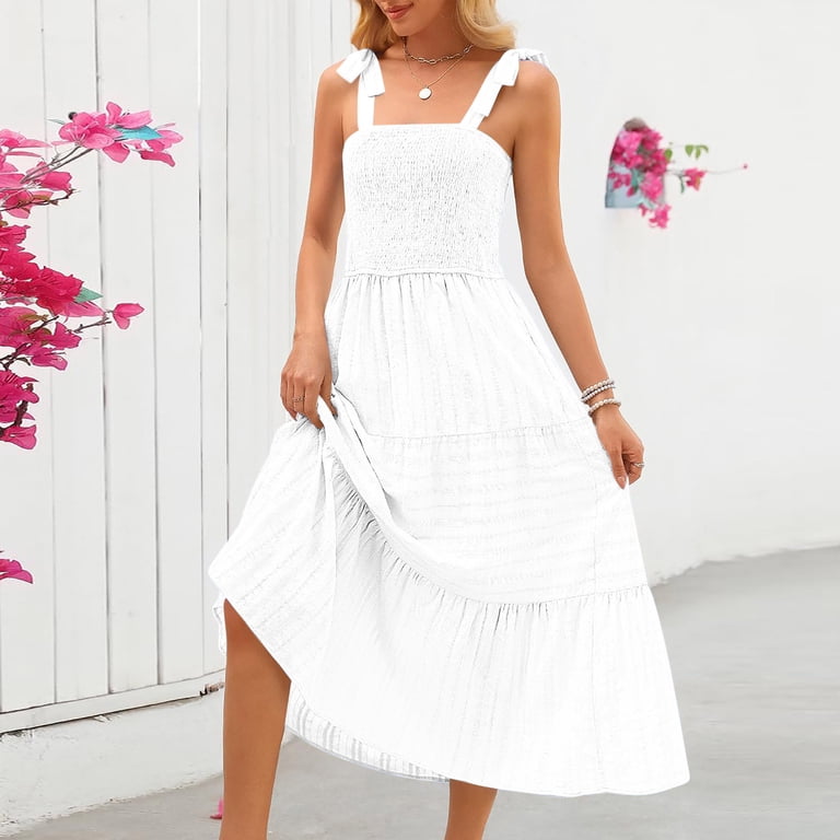Zebbo Women's Boho Maxi Dress Summer Beach Vacation Casual Sleeveless Smocked a Line Sundress with Pockets New Beach Dresses Long White XL