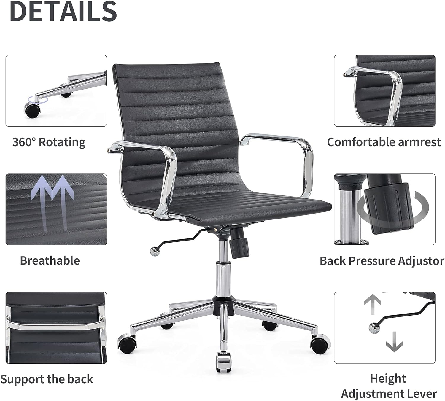 Modern Black Office Chair Computer Desk Chairs Conference Leather Home Office Dsek Chair Mid Back Swivel Chairs with Arms (Black)…